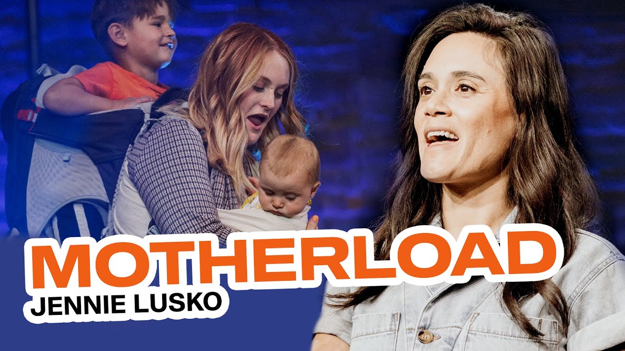 Jennie Lusko teaching a message with a mom in the background fumbling to carry multiple children